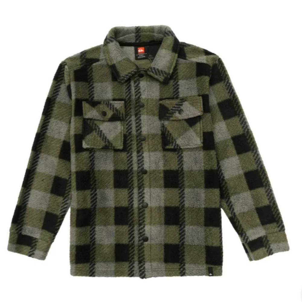 QUIKSILVER BOY PLAID FLEECE JACKET COLOR GREEN AND BLACK SIZE LARGE